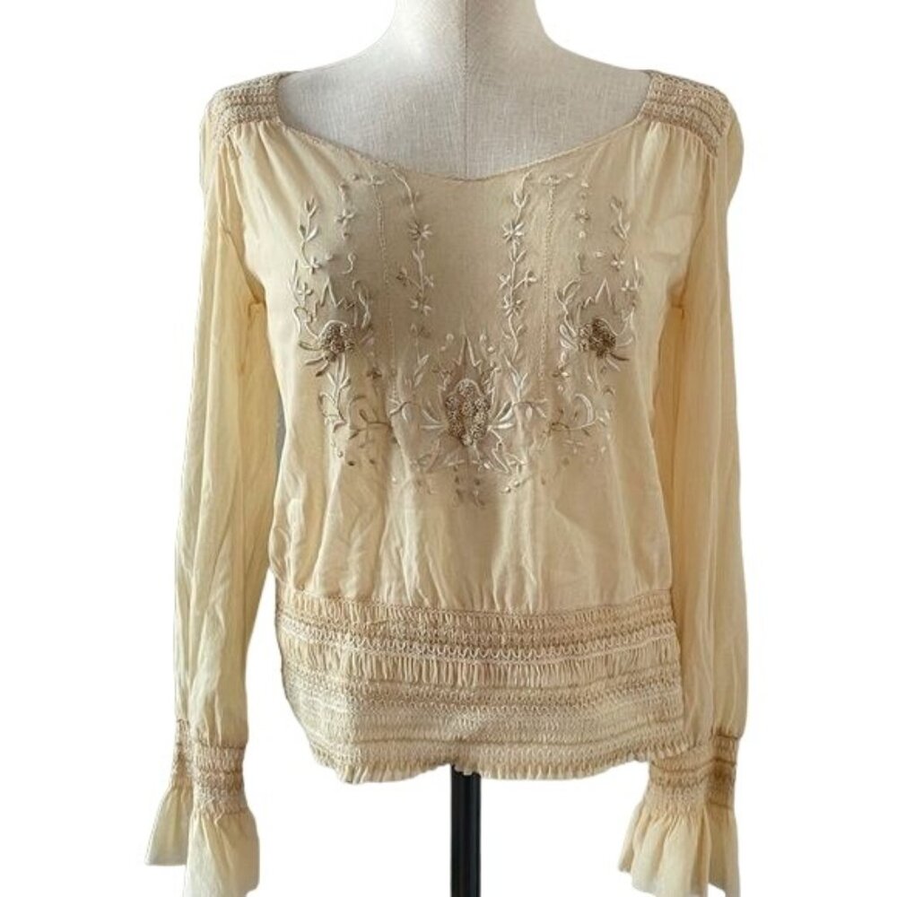 Vivienne Tam Vintage 90s Top Sheer Nylon Cream Floral Embroidered Size 3 Med